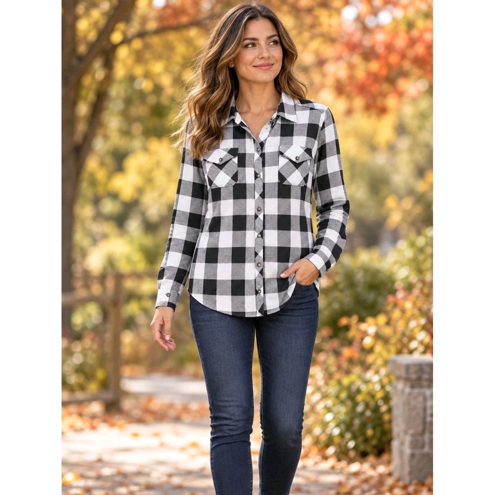 Women XXL Black White Buffalo Plaid Button Front Shirt Stretch Knit Layer Fall